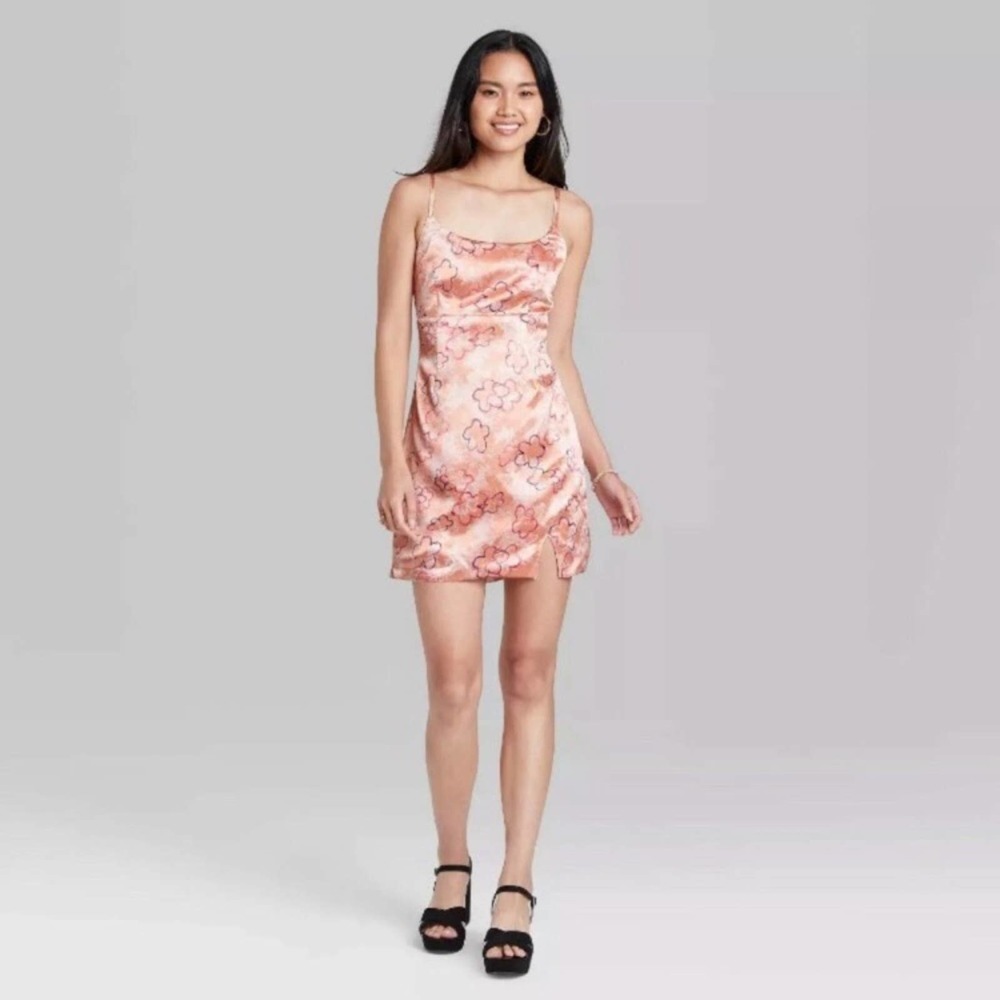 Wild Fable | Pink floral print 90s mini dress leg slit •